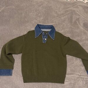 Commense Olive Green Sweater with Denim Accents